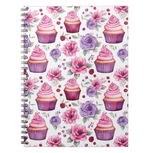 Watercolor Pink and Purple Cupcakes and Flowers Notebook