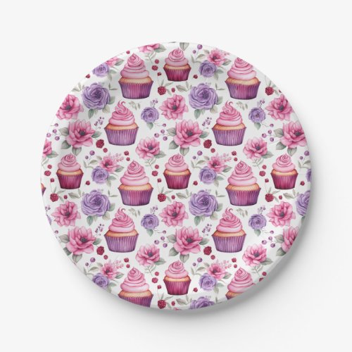 Watercolor Pink and Purple Cupcakes and Flowers Paper Plates