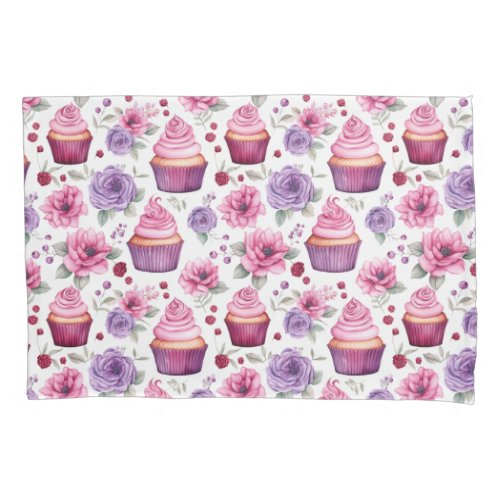 Watercolor Pink and Purple Cupcakes and Flowers Pillow Case