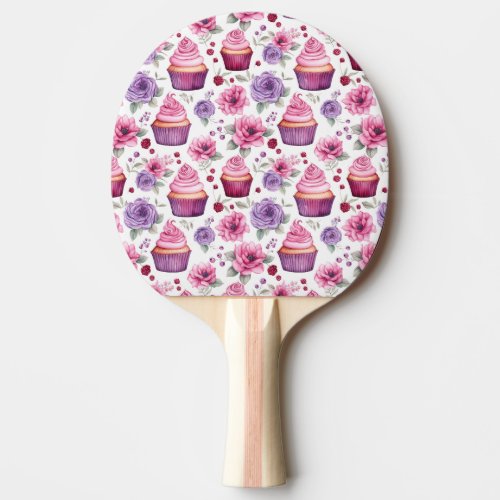 Watercolor Pink and Purple Cupcakes and Flowers Ping Pong Paddle