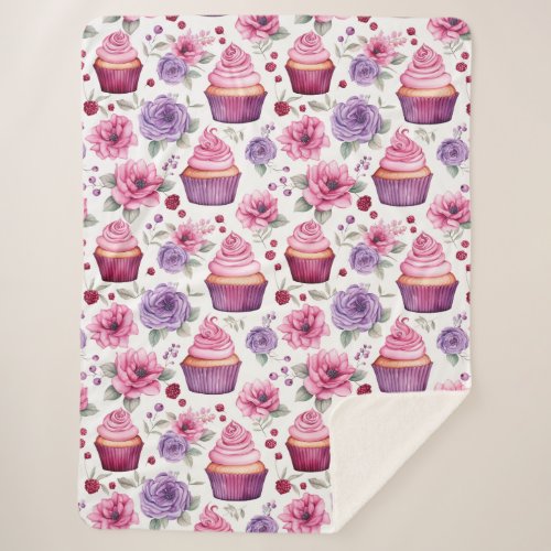 Watercolor Pink and Purple Cupcakes and Flowers Sherpa Blanket