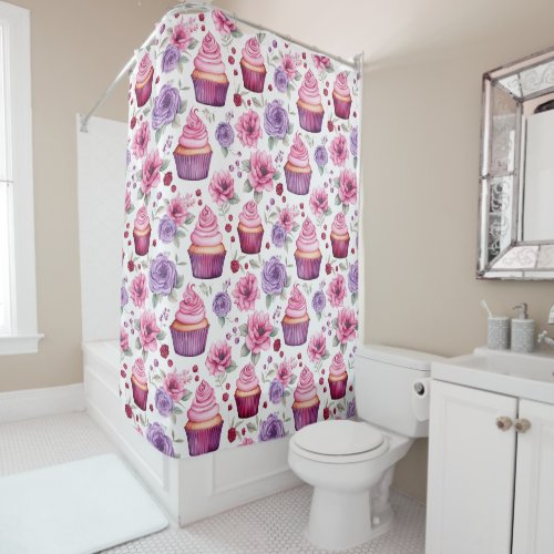 Watercolor Pink and Purple Cupcakes and Flowers Shower Curtain