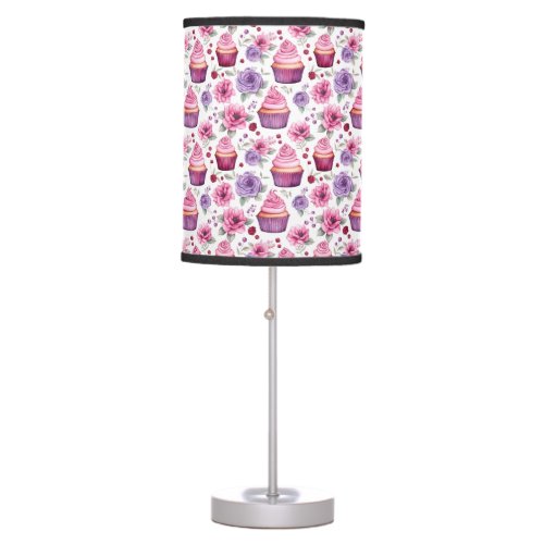 Watercolor Pink and Purple Cupcakes and Flowers Table Lamp