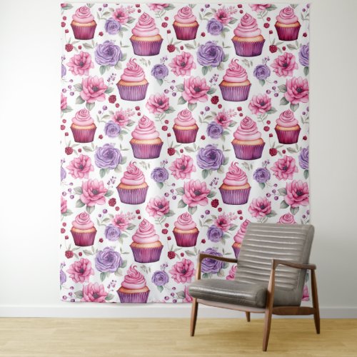 Watercolor Pink and Purple Cupcakes and Flowers Tapestry