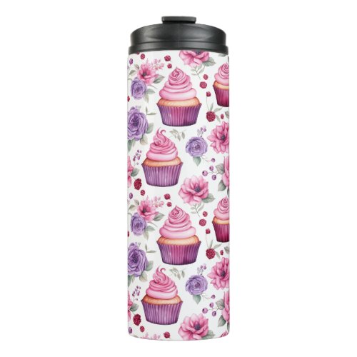 Watercolor Pink and Purple Cupcakes and Flowers Thermal Tumbler