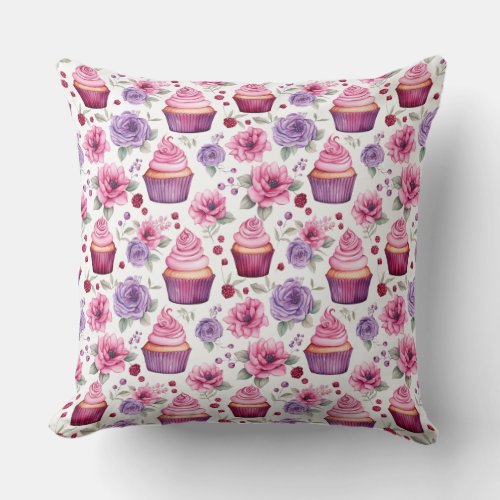 Watercolor Pink and Purple Cupcakes and Flowers Throw Pillow