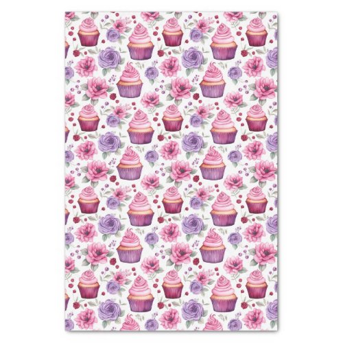 Watercolor Pink and Purple Cupcakes and Flowers Tissue Paper