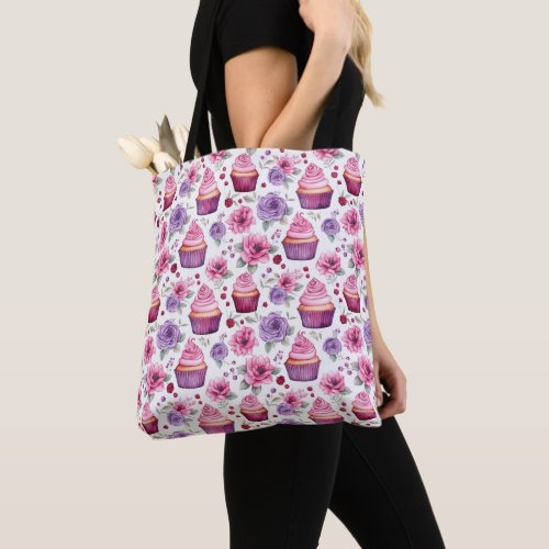 Watercolor Pink and Purple Cupcakes and Flowers Tote Bag