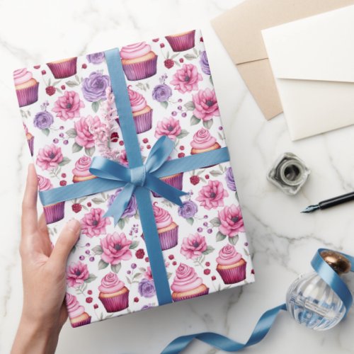 Watercolor Pink and Purple Cupcakes and Flowers Wrapping Paper