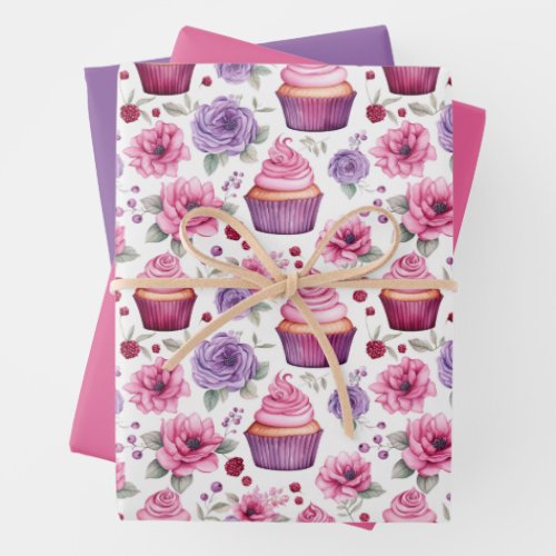Watercolor Pink and Purple Cupcakes and Flowers Wrapping Paper Sheets