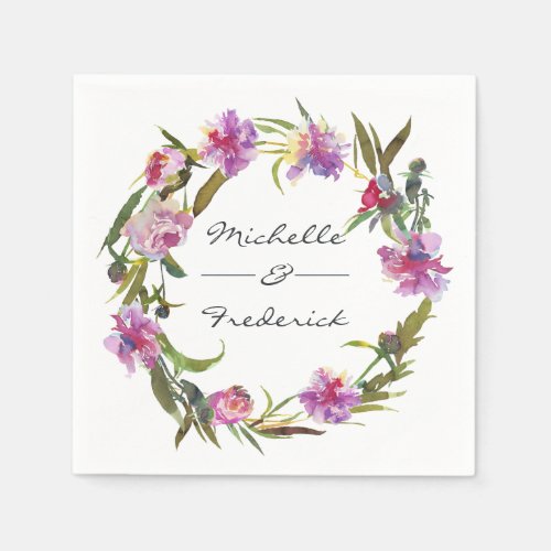Watercolor Pink and Purple Floral Wedding Napkins