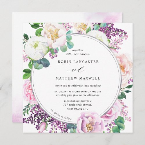 Watercolor Pink and Purple Floral Wedding Square Invitation