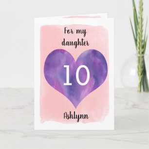 Watercolor Pink and Purple Heart 10th Birthday Card