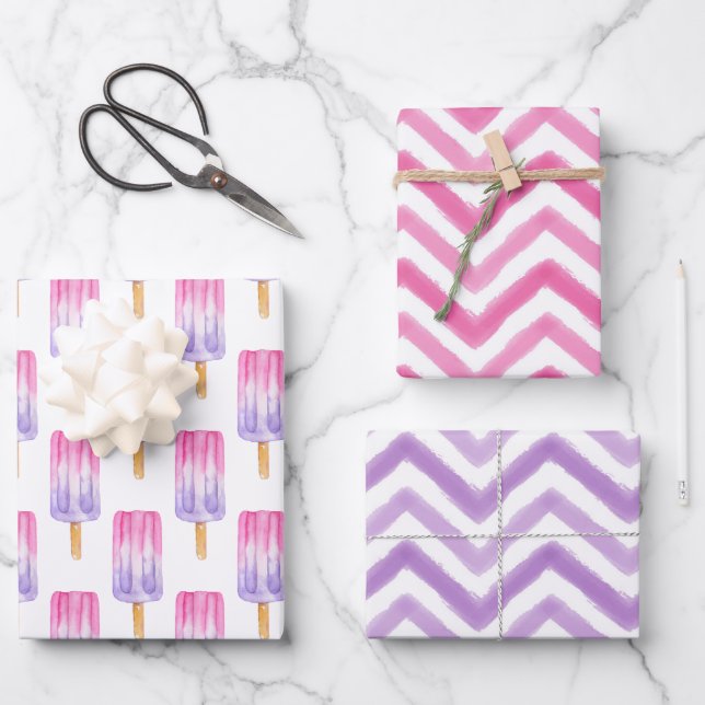 Watercolor Pink and Purple Popsicle Chevron Wrapping Paper Sheets (Front)