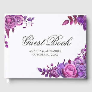 Watercolor pink and purple roses. Floral wedding Guest Book