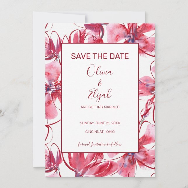 Watercolor Pink And Red Flowers Save The Date (Front)