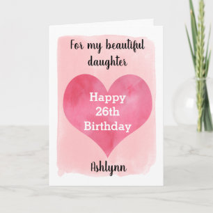 Watercolor Pink and Red Heart 26th Birthday Card