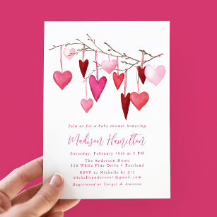 Watercolor Pink and Red Heart Branch Baby Shower Invitation