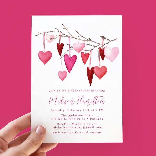 Watercolor Pink and Red Heart Branch Baby Shower Invitation (Creator Uploaded)
