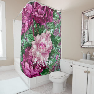 Watercolor Pink and Red peony Flowers Custom Name Shower Curtain