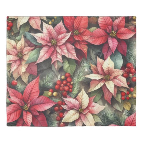 Watercolor Pink and Red Poinsettia Duvet Cover