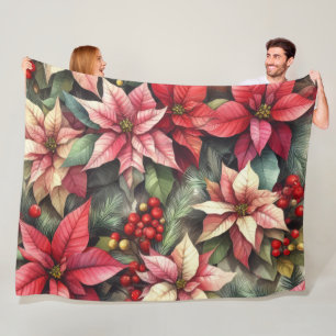 Watercolor Pink and Red Poinsettia Fleece Blanket