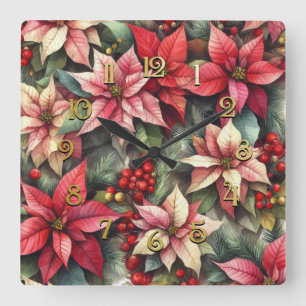 Watercolor Pink and Red Poinsettia Square Wall Clock