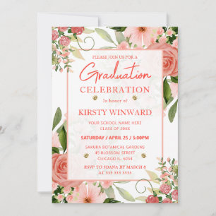 Watercolor Pink and Red Roses Graduation Invitation