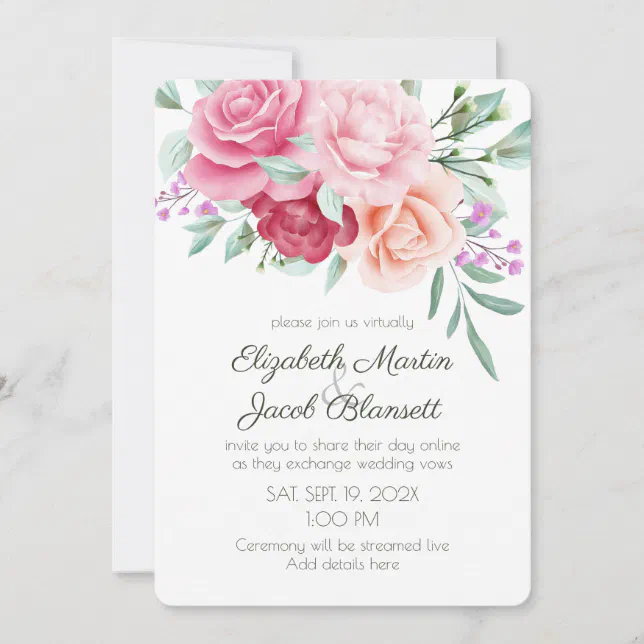 Watercolor Pink and Red Roses Virtual Wedding Invitation | Zazzle