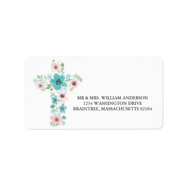 Watercolor Pink and Teal Flower Cross Label (Front)