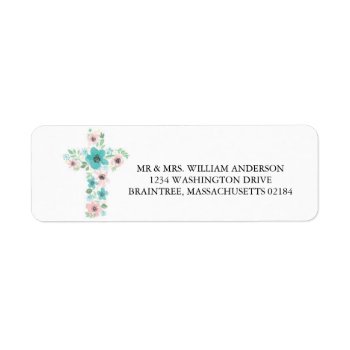 Watercolor Pink And Teal Flower Cross Label by labellarue at Zazzle