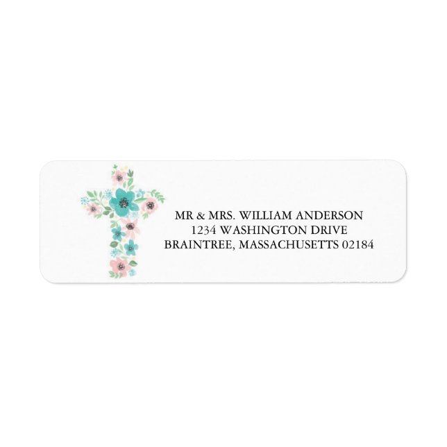 Watercolor Pink and Teal Flower Cross Label (Front)