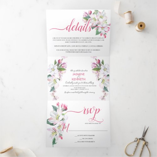 Watercolor Pink and White Apple Blossoms Wedding Tri_Fold Invitation
