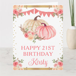 Watercolor Pink and White Floral Pumpkins Birthday Card