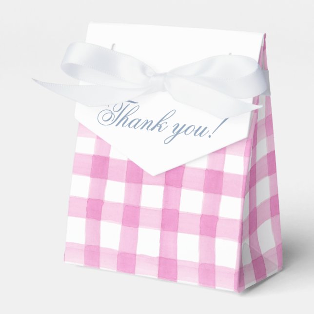 Watercolor Pink and White Gingham Crest Favor Boxes (Front Side)