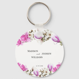 Watercolor Pink and White Magnolia Blossom Keychain