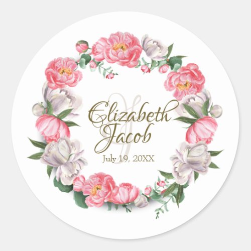 Watercolor pink and white peonies  classic round sticker