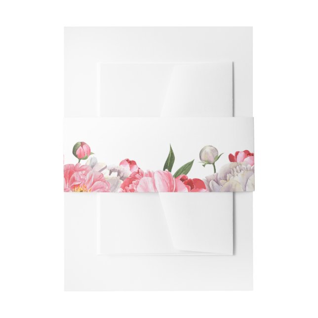 Watercolor pink and white peonies  invitation belly band (Front Example)