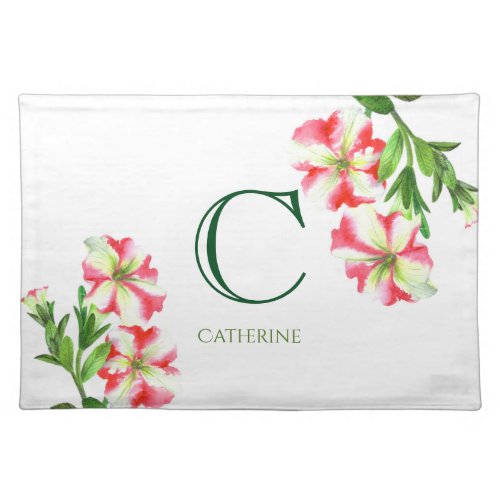 Watercolor Pink and White Petunias Floral Monogram Placemat