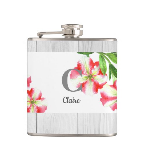 Watercolor Pink and White Petunias Illustration Hip Flask