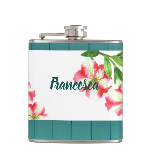 Watercolor Pink and White Petunias Illustration Hip Flask