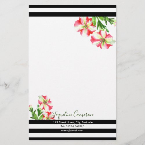 Watercolor Pink and White Petunias Illustration Stationery