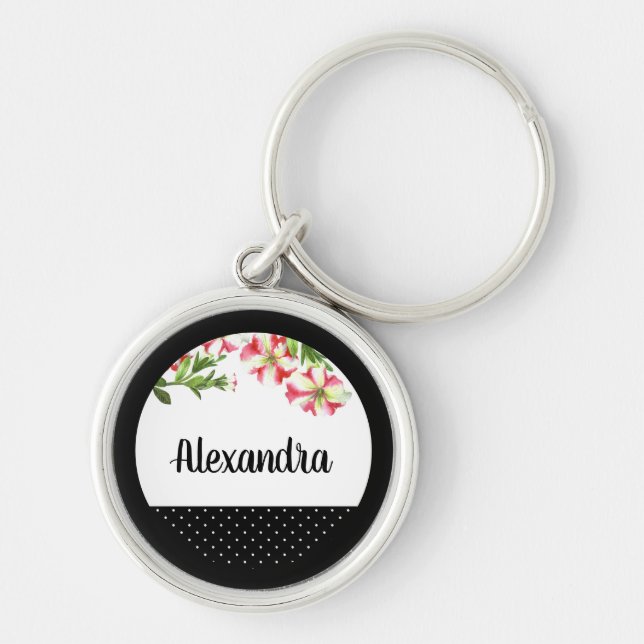 Watercolor Pink and White Petunias Polka Dot Keychain (Front)