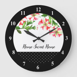 Watercolor Pink and White Petunias Polka Dot Large Clock
