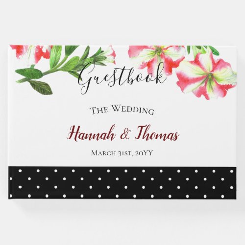 Watercolor Pink and White Petunias Polka Dots Guest Book