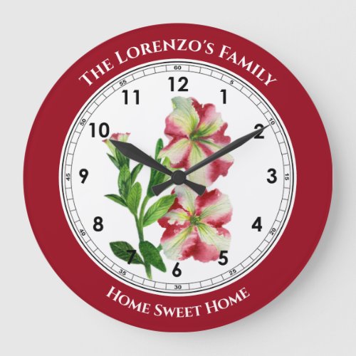 Watercolor Pink and White Petunias Red Circle Large Clock