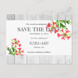 Watercolor Pink and White Petunias Save The Date Announcement Postcard