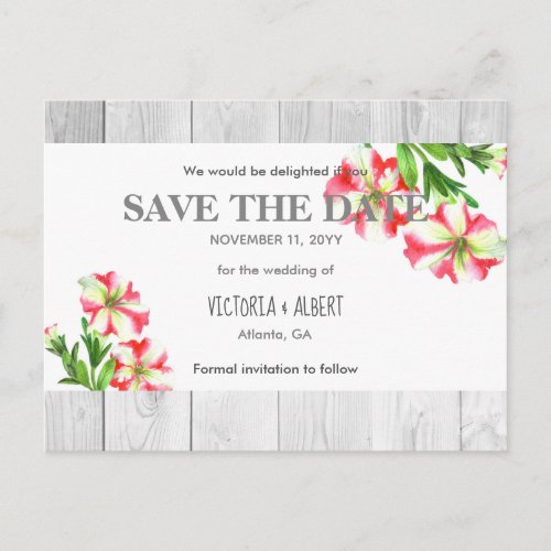 Watercolor Pink and  White Petunias Save The Date Announcement Postcard