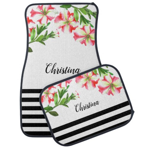 Watercolor Pink and White Petunias Stripes Pattern Car Floor Mat