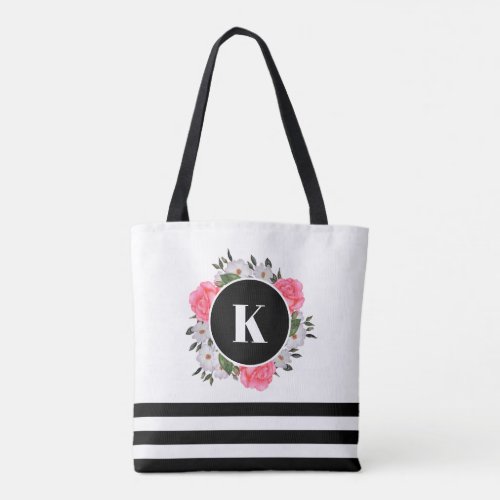 Watercolor Pink and White Roses Circle Wreath Tote Bag